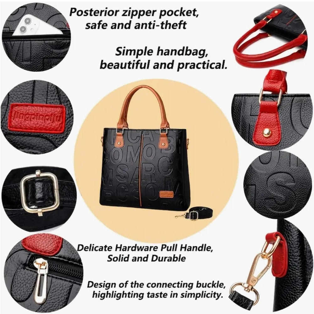 Perfect Lily Black Embossed Letter Tote Bag Red Handle Crossbody NIP - Picture 6 of 12